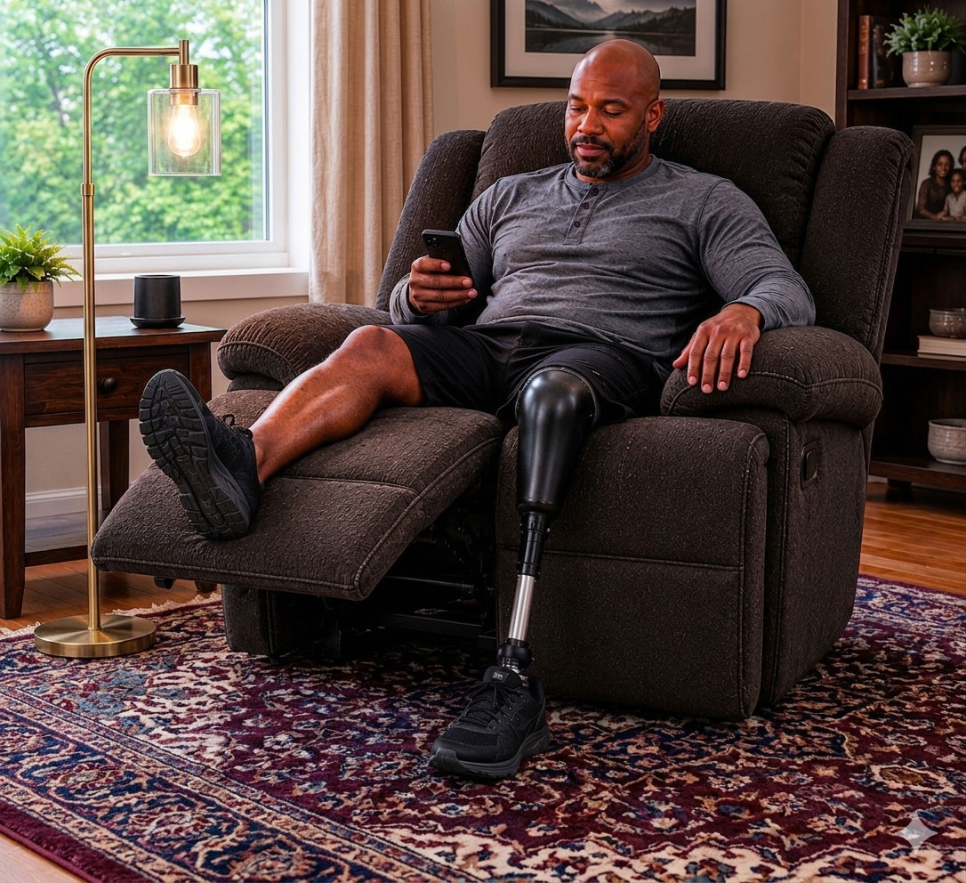Front view of a split footrest recliner concept.