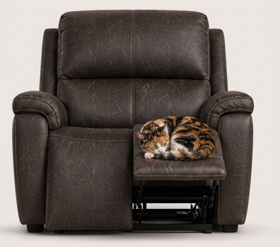 DualZone recliner with one footrest half lowered and the other raised for a sleeping cat.