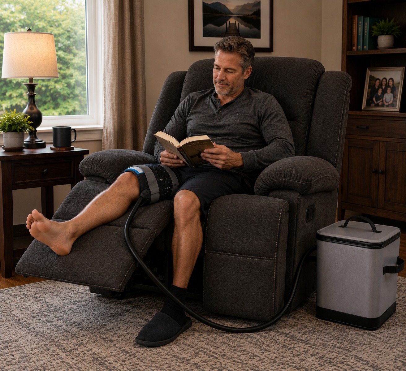 Person using an ice therapy machine while one leg is elevated on a split footrest recliner.