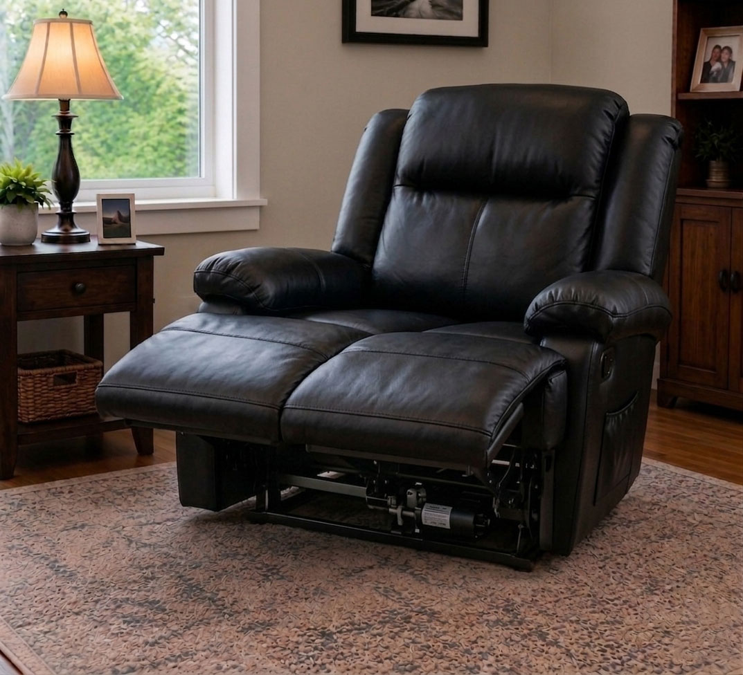 A black leather chair with a split footrest.