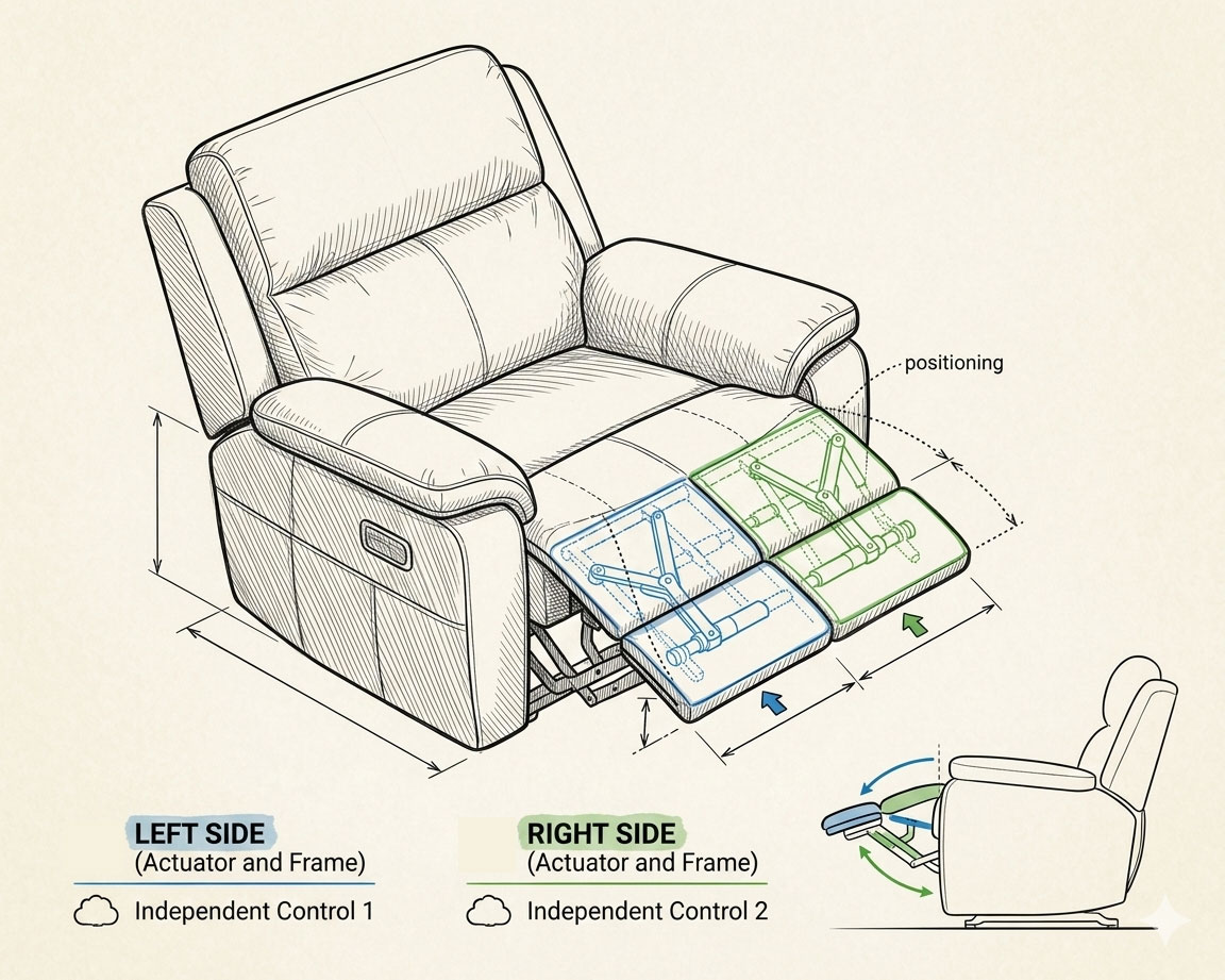 Concept sketch of independent left and right footrest mechanisms.
