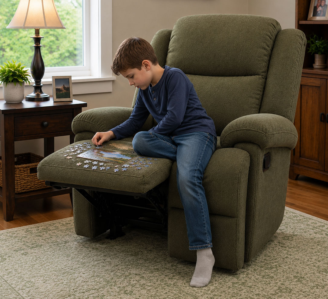 Child using the DualZone recliner while working on a puzzle.