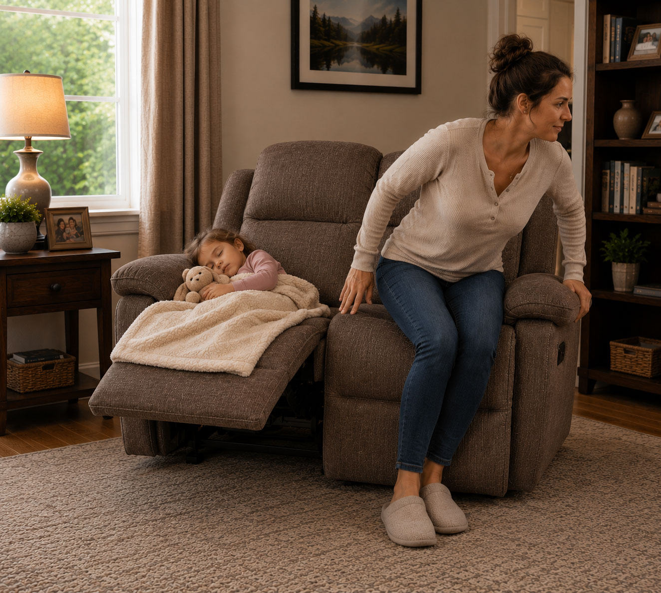 Parent leaving a recliner while child sleeps on one side of the raised footrest.
