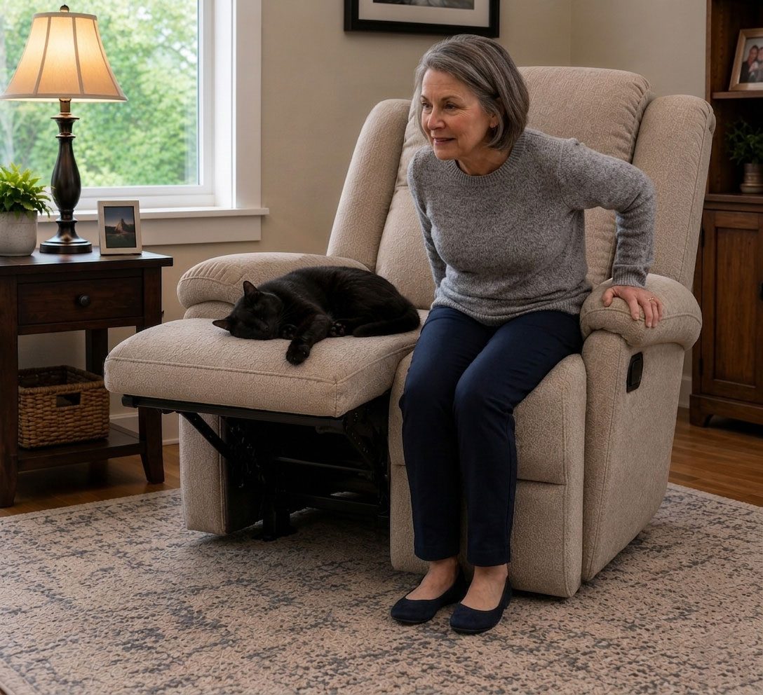 A recliner with one side of the split footrest raised for a sleeping cat and the other side lowered.